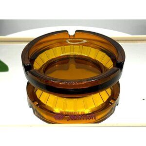 Vintage Mid-Century Amber Glass Ashtray Round with Cigarette Slots